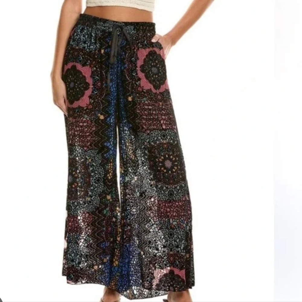 Johnny Was Black Paisley Medallion Wide Leg Pants with Pink Accents